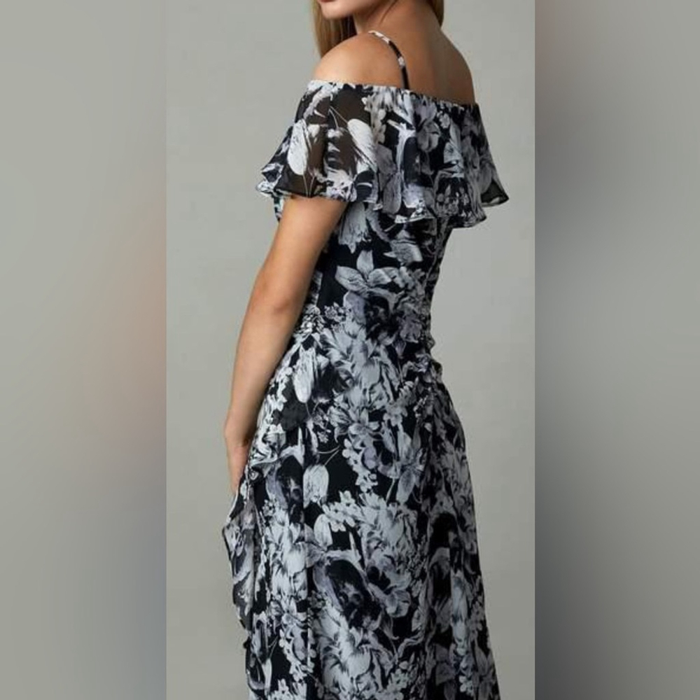Cachet Maxi Floral Ruffled Slit Dress off shoulder black ivory wedding party 6